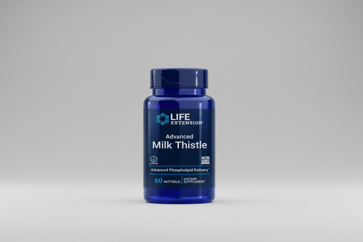 Life Extension Advanced Milk Thistle supplement bottle on a white background