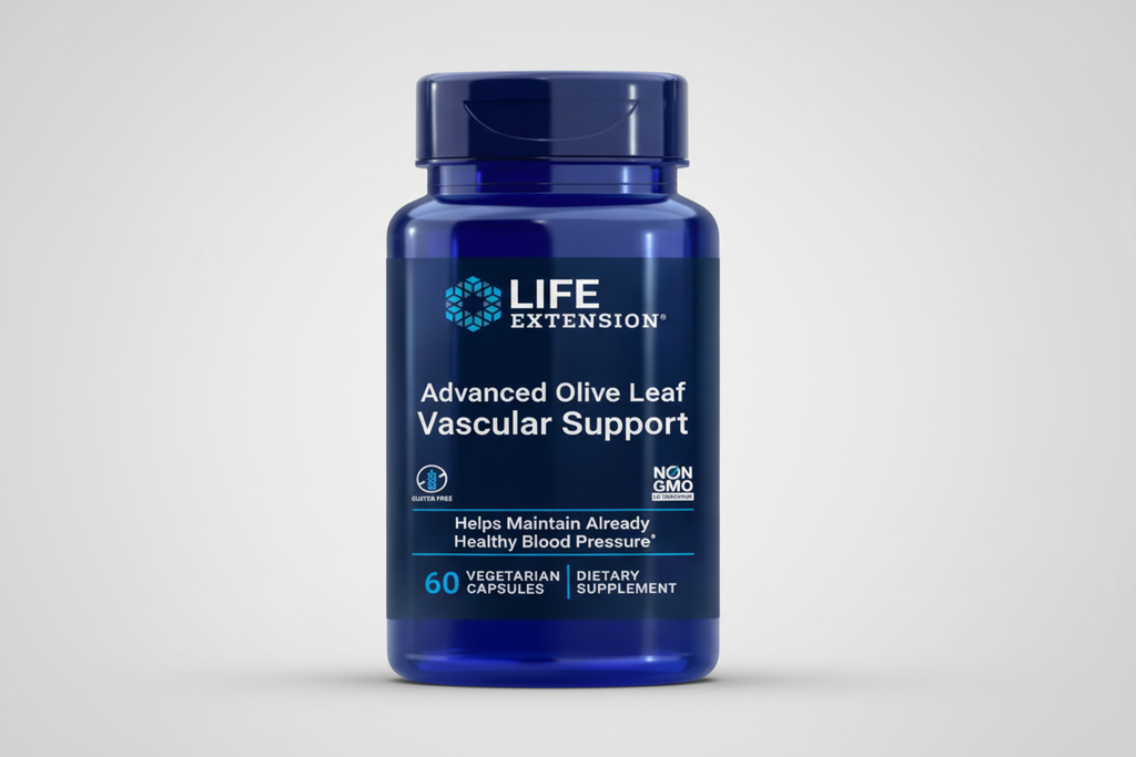 Blue supplement bottle labeled 'Life Extension Advanced Olive Leaf Vascular Support' on a white background