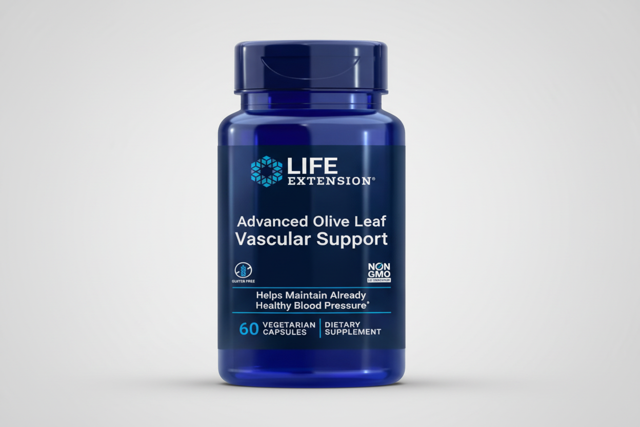 Blue supplement bottle labeled 'Life Extension Advanced Olive Leaf Vascular Support' on a white background