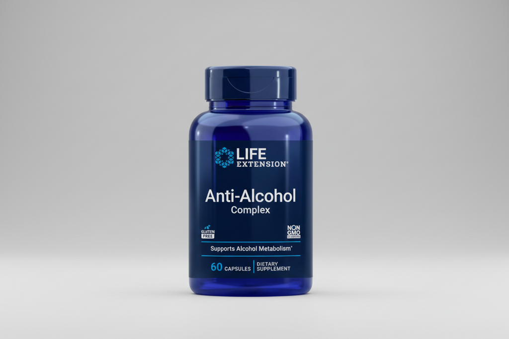 Blue supplement bottle labeled 'Anti-Alcohol Complex' by Life Extension on a white background