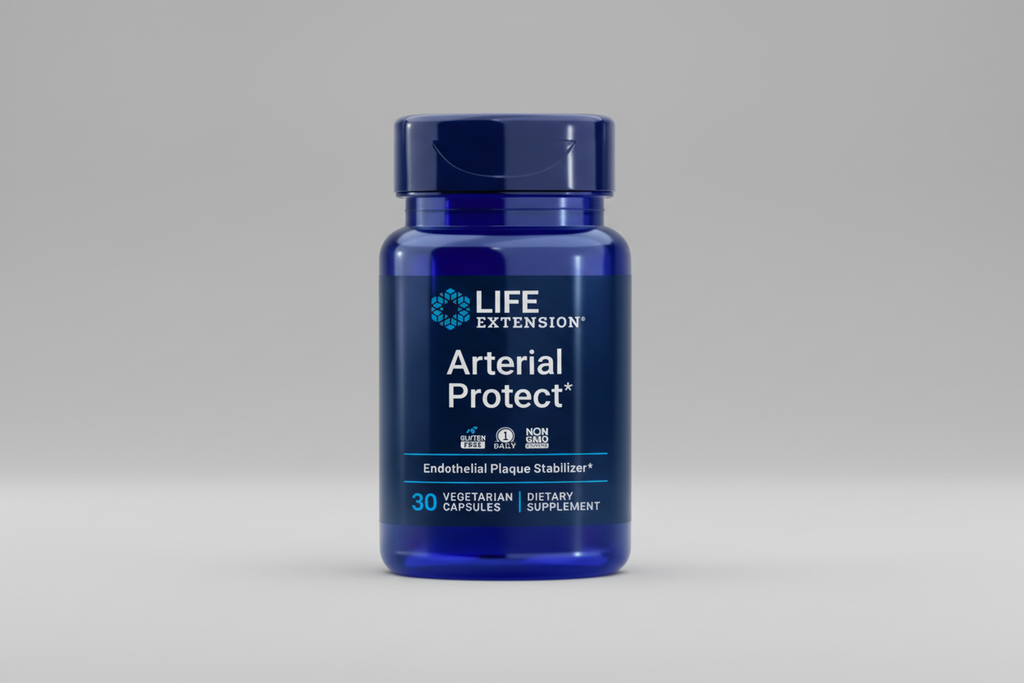 Blue supplement bottle labeled 'Arterial Protect' by Life Extension on a white background