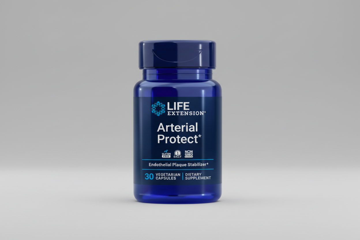 Blue supplement bottle labeled 'Arterial Protect' by Life Extension on a white background