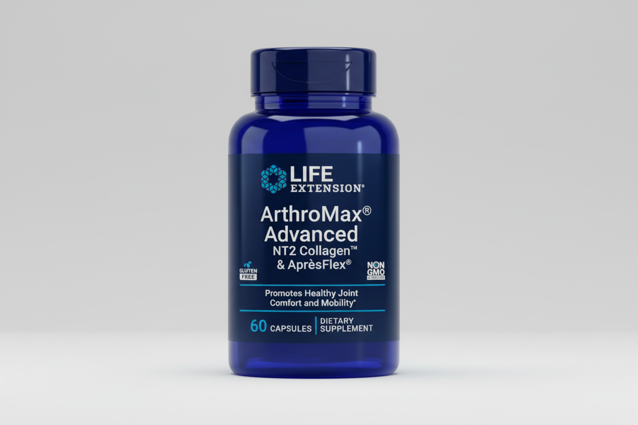 Blue supplement bottle labeled 'Life Extension ArthroMax Advanced' on a white background