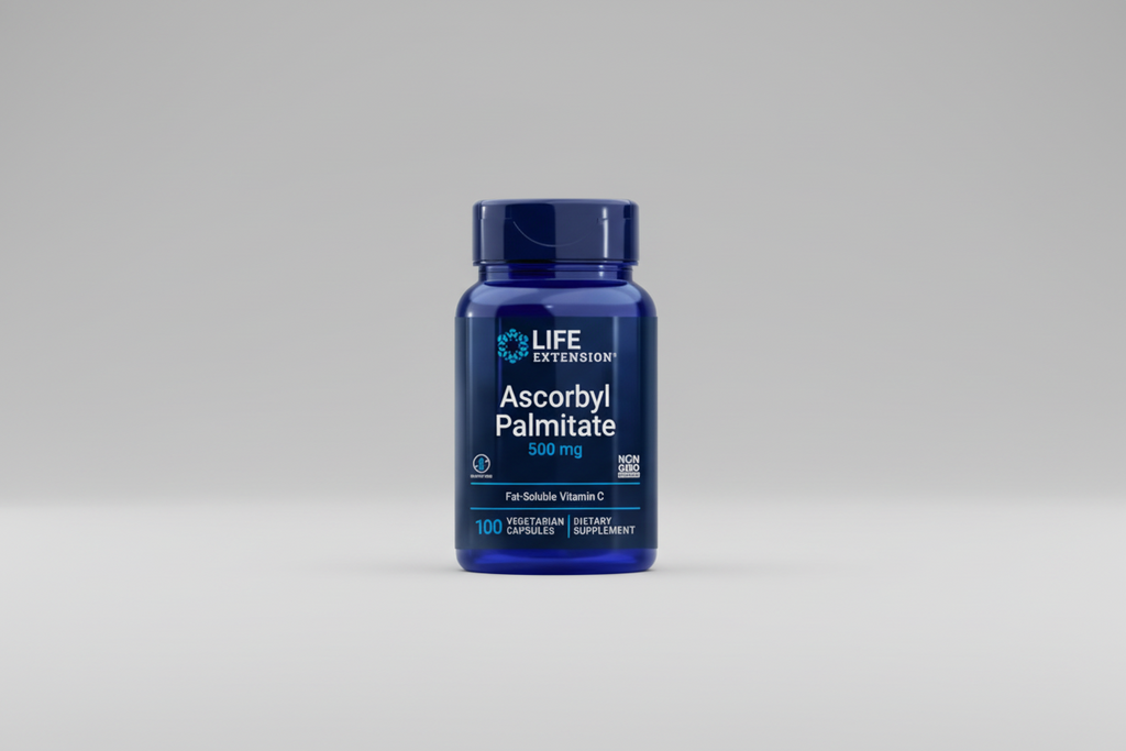 Life Extension Ascorbyl Palmitate supplement bottle on a black background
