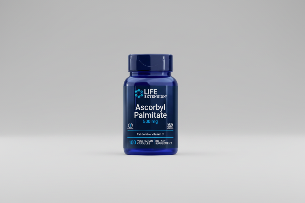 Life Extension Ascorbyl Palmitate supplement bottle on a black background