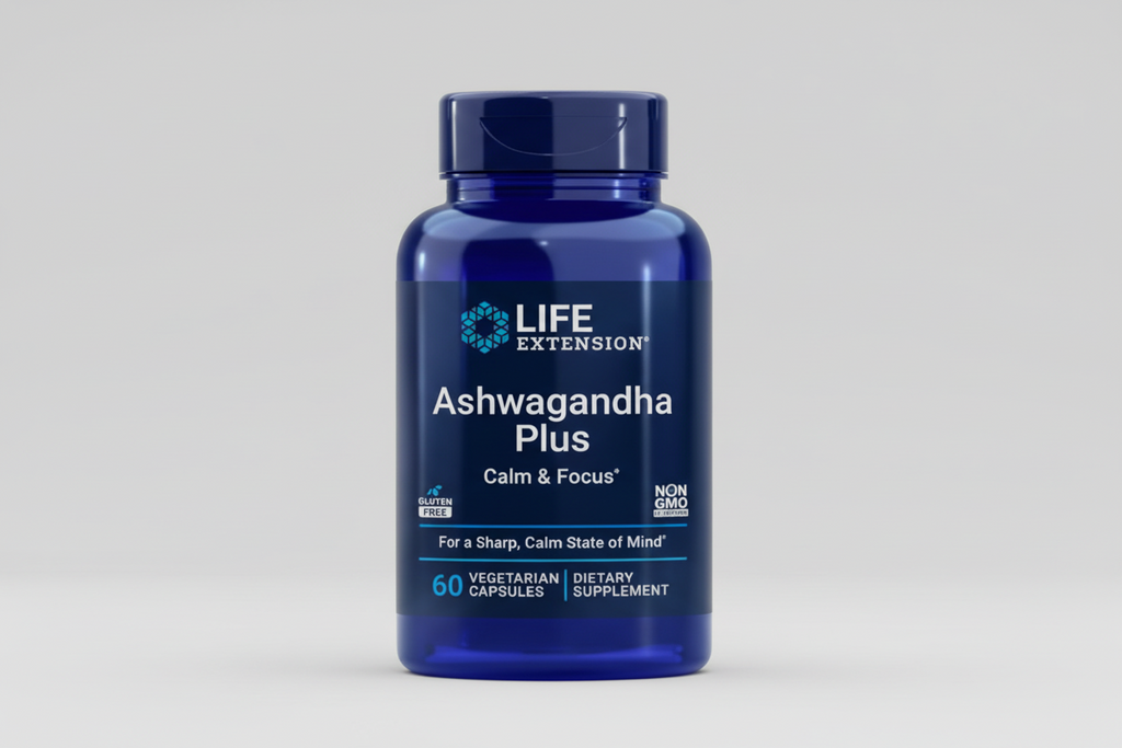 Life Extension Ashwagandha Plus supplement bottle on a white background