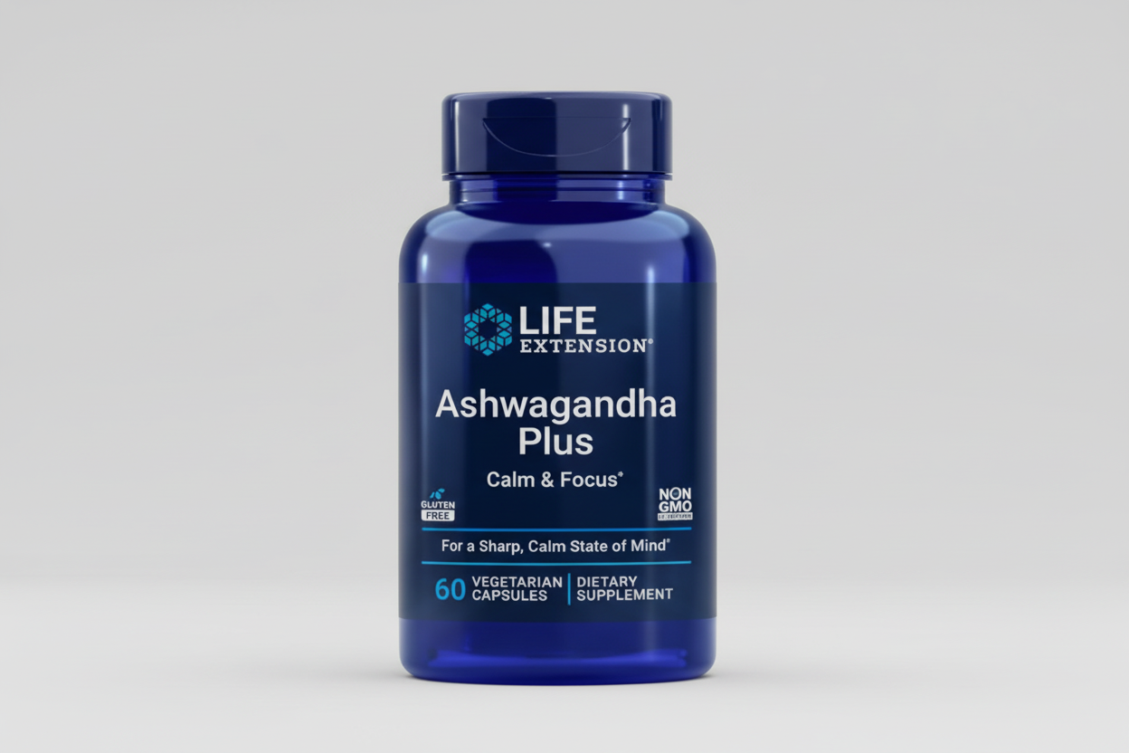 Life Extension Ashwagandha Plus supplement bottle on a white background