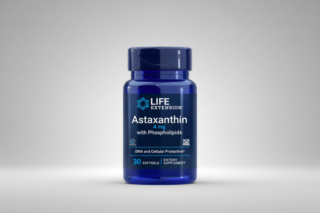 Life Extension Astaxanthin supplement bottle with blue label