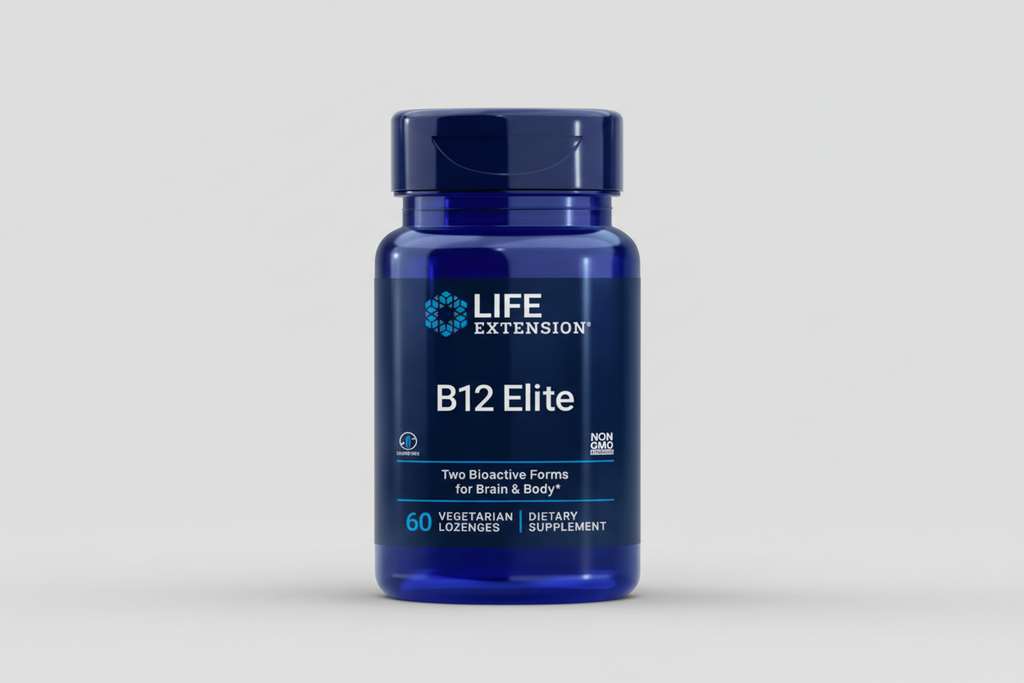 Life Extension B12 Elite supplement bottle on a black background
