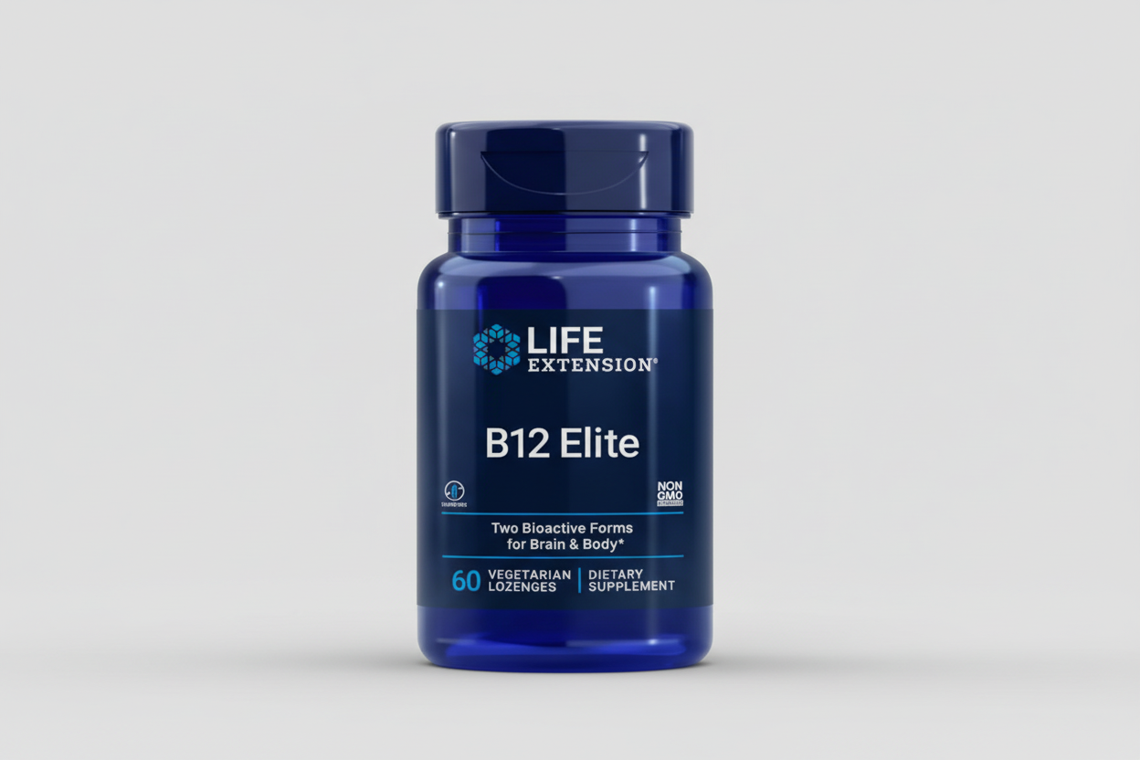Life Extension B12 Elite supplement bottle on a black background