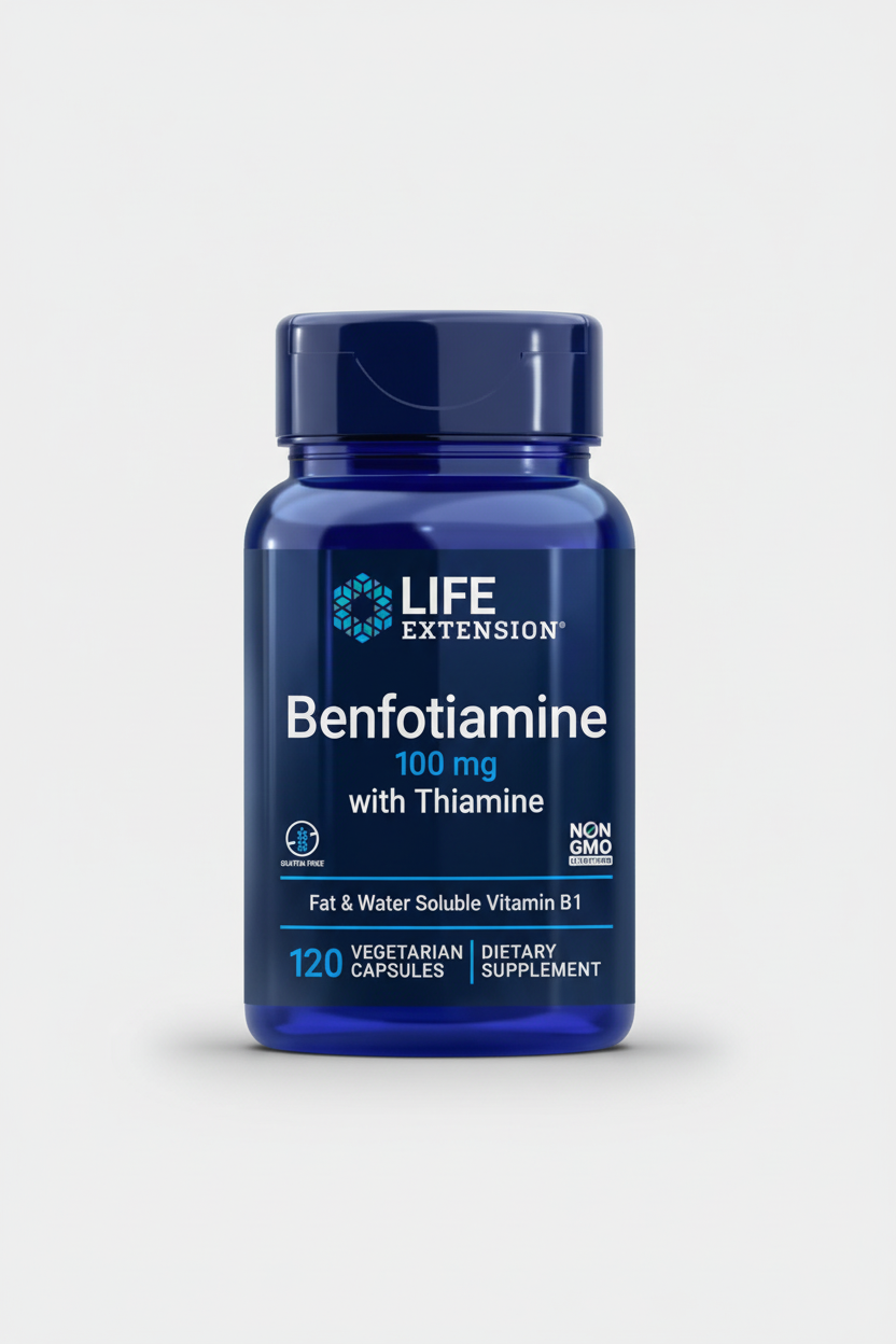 Life Extension Benfotiamine supplement bottle on a white background