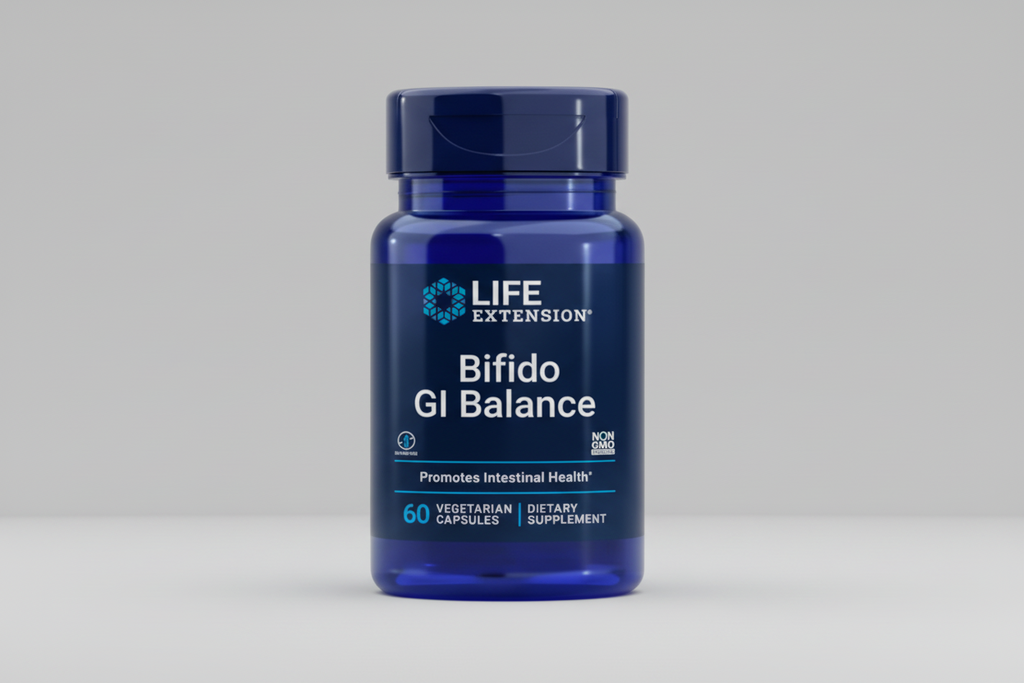 Life Extension Bifido GI Balance supplement bottle on a white background