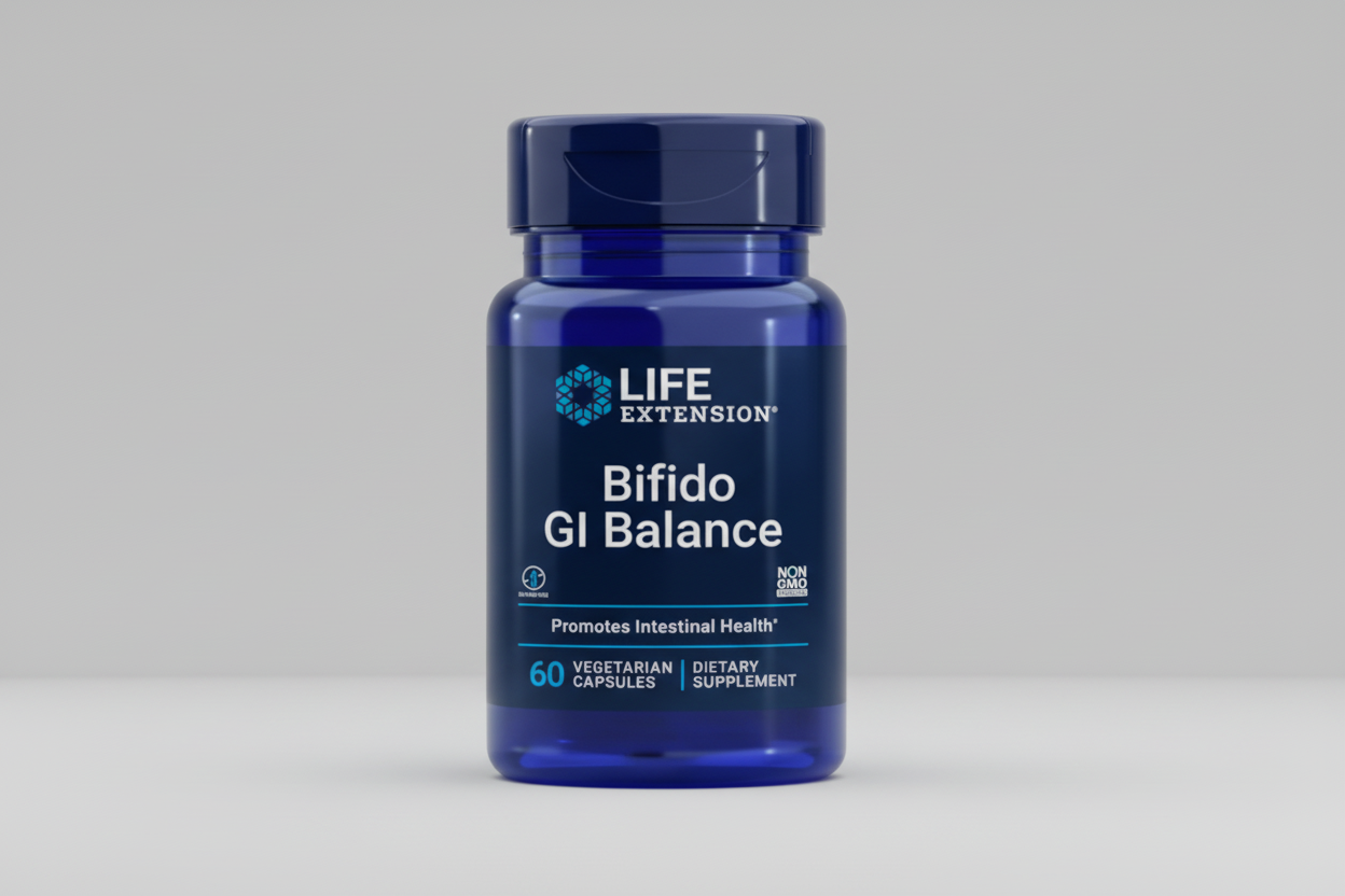 Life Extension Bifido GI Balance supplement bottle on a white background