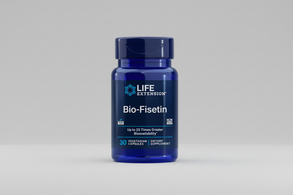 Life Extension Bio-Fisetin supplement bottle on a white background