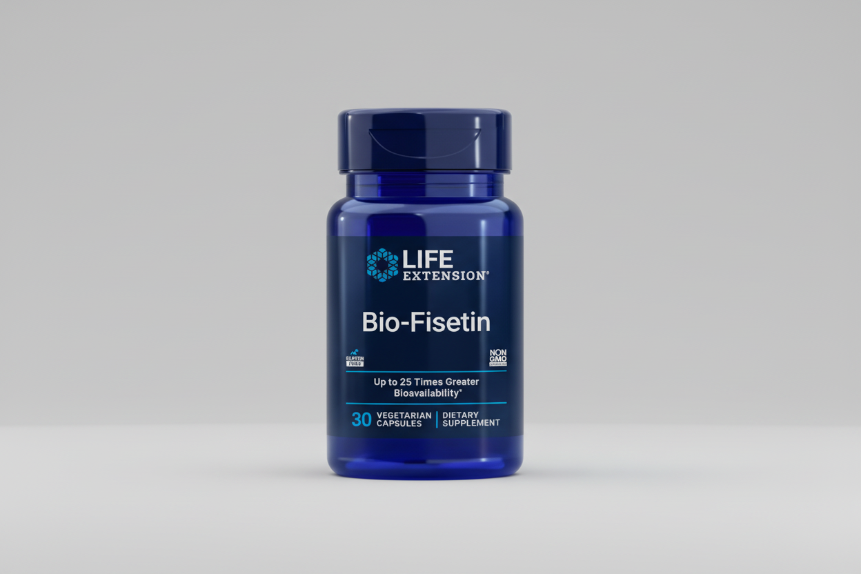 Life Extension Bio-Fisetin supplement bottle on a white background