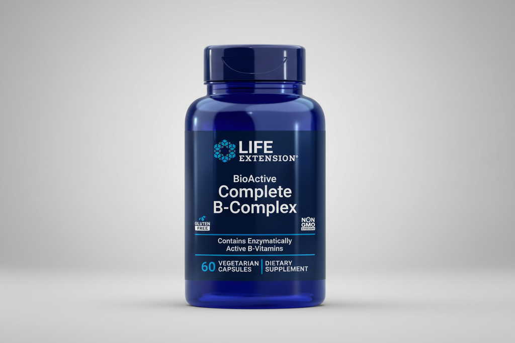 Blue bottle of Life Extension BioActive Complete B-Complex dietary supplement on a white background