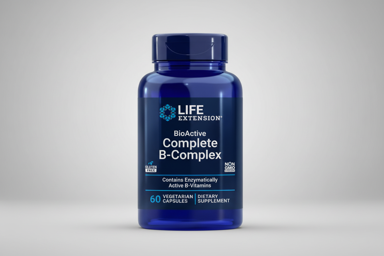 Blue bottle of Life Extension BioActive Complete B-Complex dietary supplement on a white background