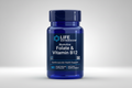Life Extension supplement bottle with Folate and Vitamin B12 on a blue background