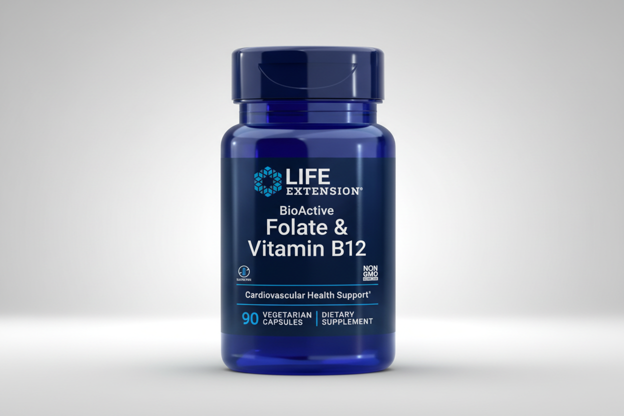 Life Extension supplement bottle with Folate and Vitamin B12 on a blue background