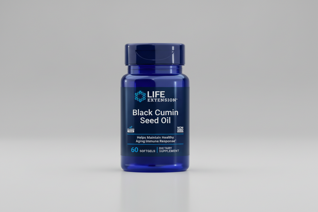 Life Extension Black Cumin Seed Oil supplement bottle on a black background