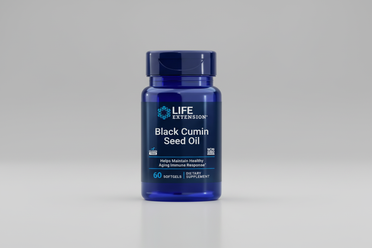 Life Extension Black Cumin Seed Oil supplement bottle on a black background