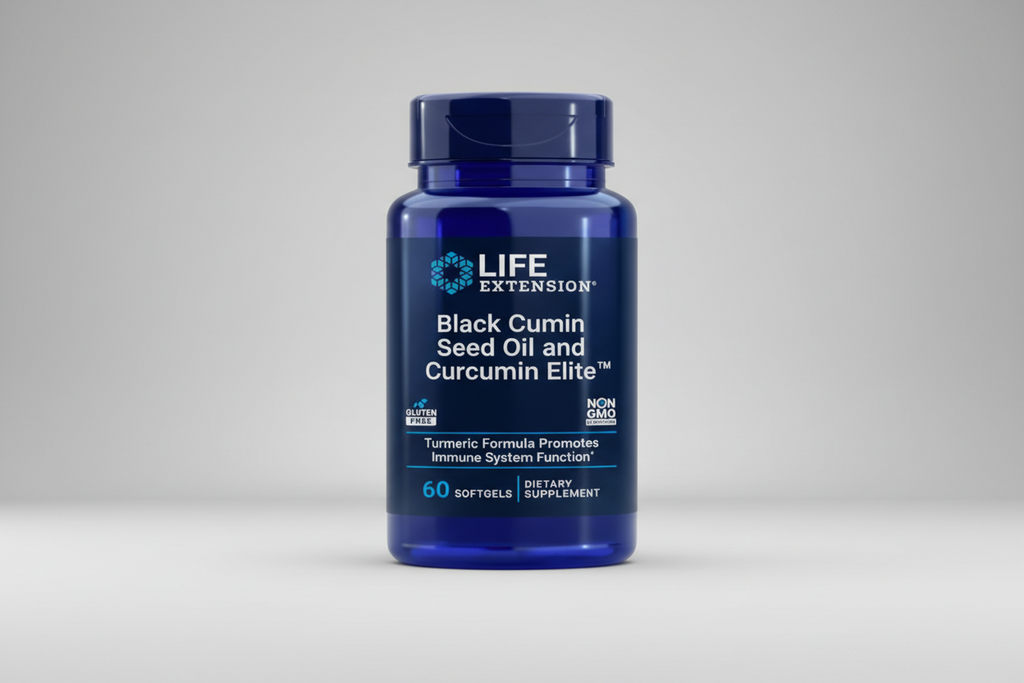 Blue supplement bottle labeled 'Black Cumin Seed Oil and Curcumin Elite' by Life Extension on a white background.