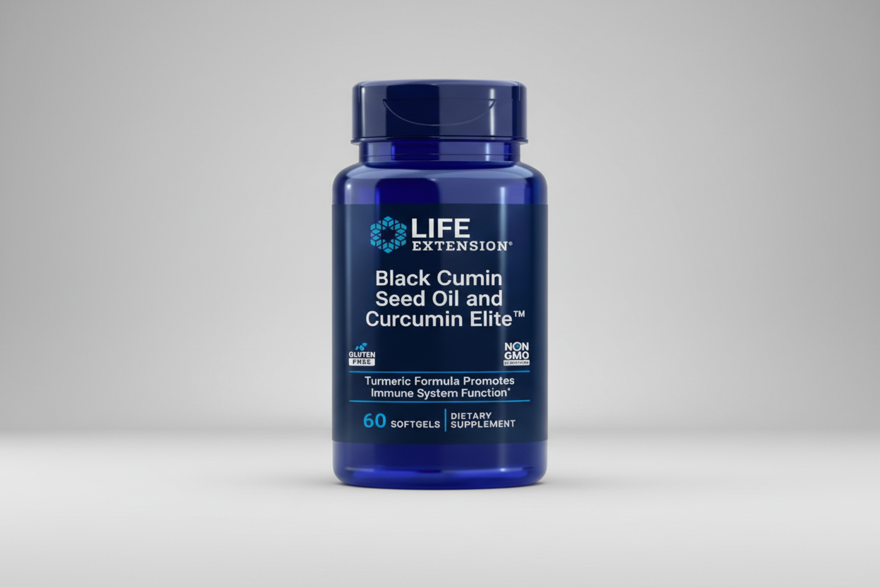 Blue supplement bottle labeled 'Black Cumin Seed Oil and Curcumin Elite' by Life Extension on a white background.
