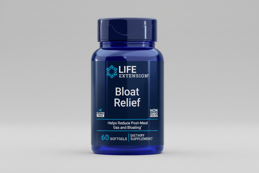 Blue supplement bottle labeled 'Bloat Relief' by Life Extension on a white background