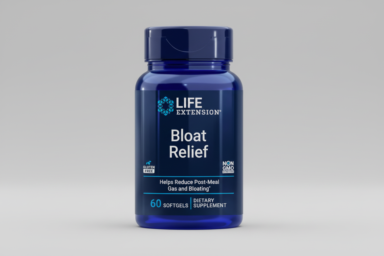 Blue supplement bottle labeled 'Bloat Relief' by Life Extension on a white background
