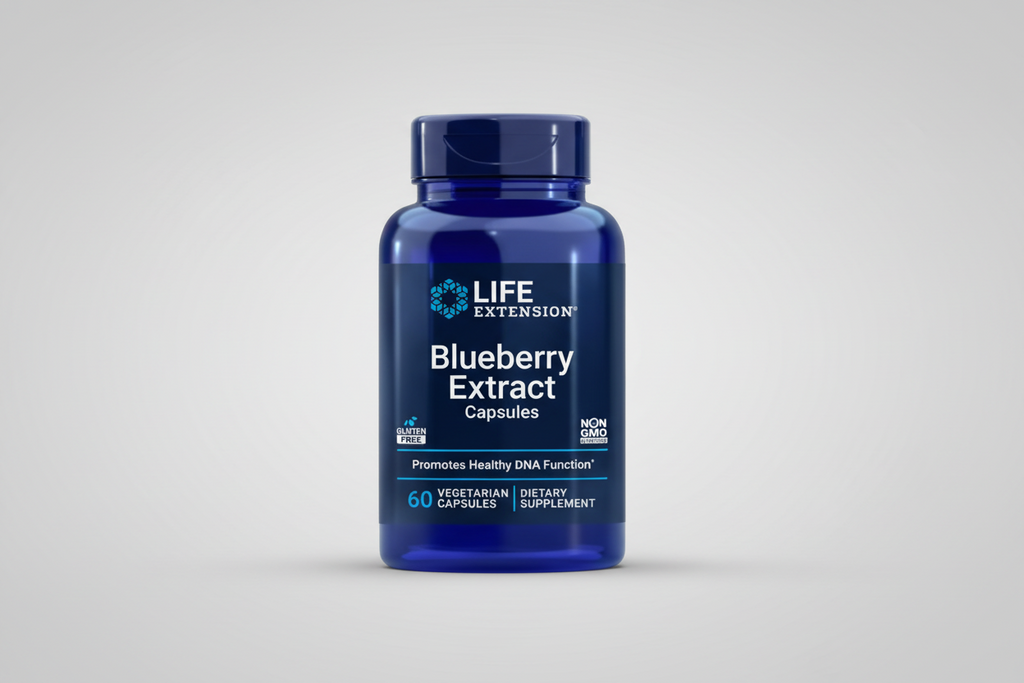 Blue bottle of Life Extension Blueberry Extract Capsules on a white background