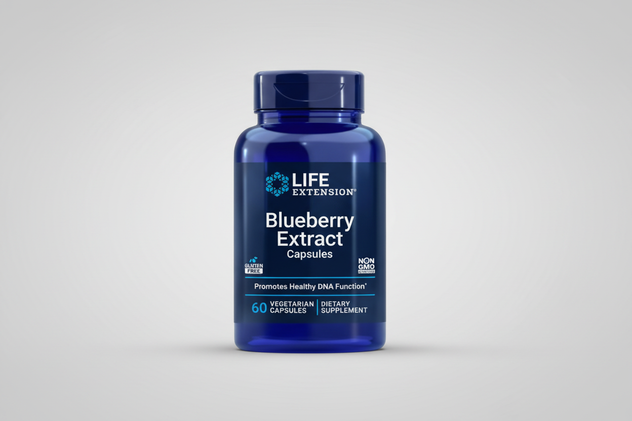Blue bottle of Life Extension Blueberry Extract Capsules on a white background