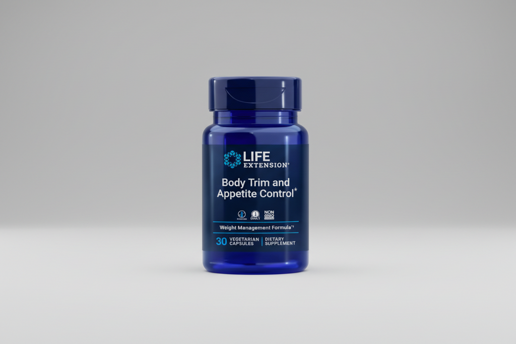 Blue bottle of Life Extension Body Trim and Appetite Control supplement on a black background