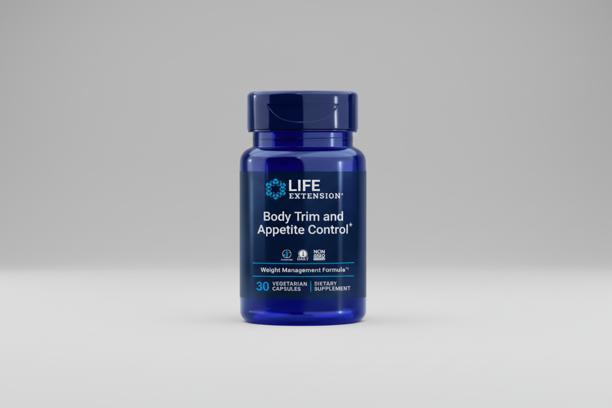 Blue bottle of Life Extension Body Trim and Appetite Control supplement on a black background