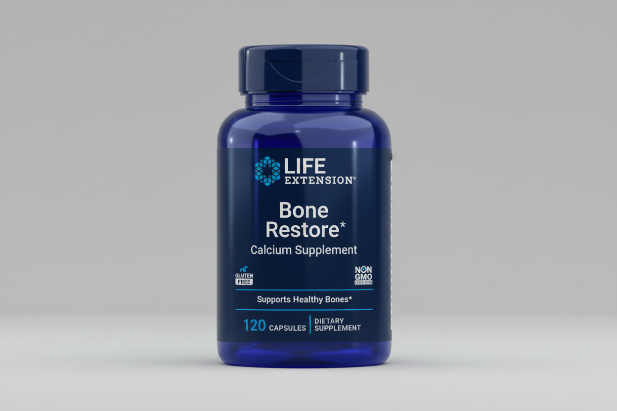 Life Extension Bone Restore calcium supplement bottle on a white background