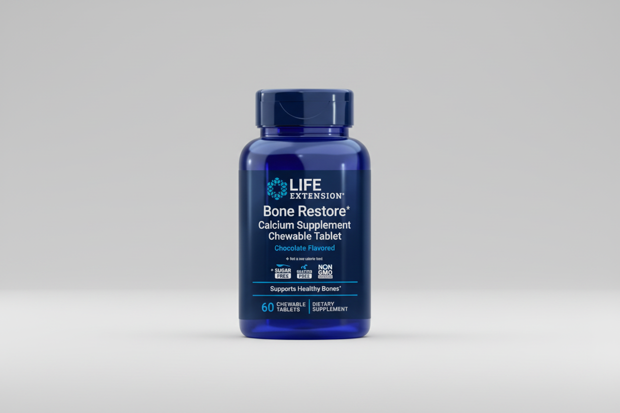 Life Extension Bone Restore Calcium Supplement Chewable Tablet bottle on a white background