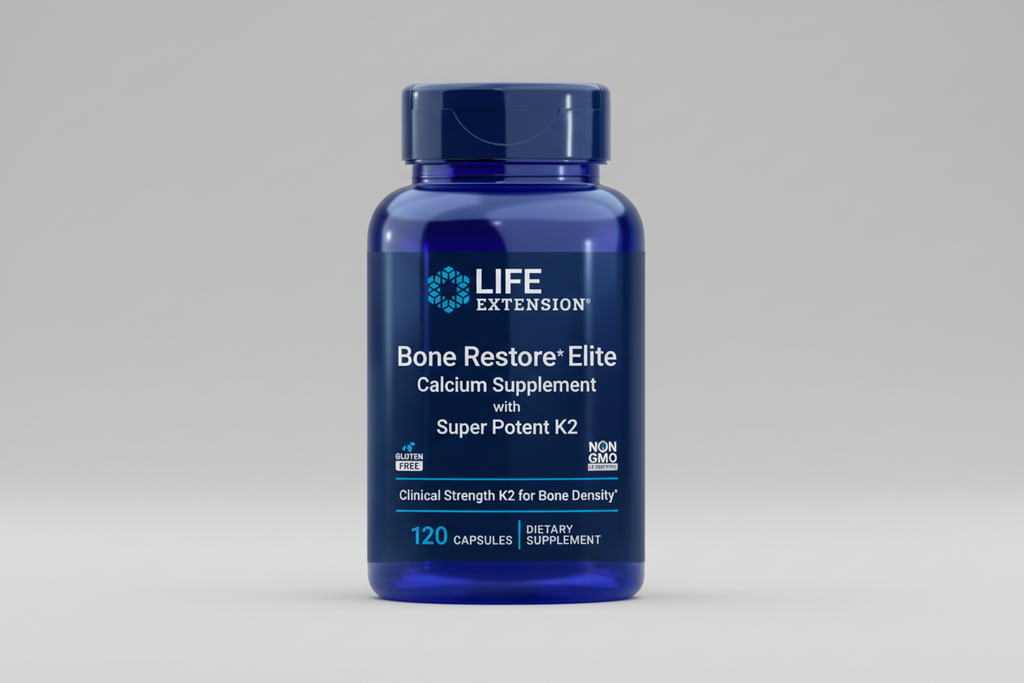 Life Extension Bone Restore Elite supplement bottle on a white background