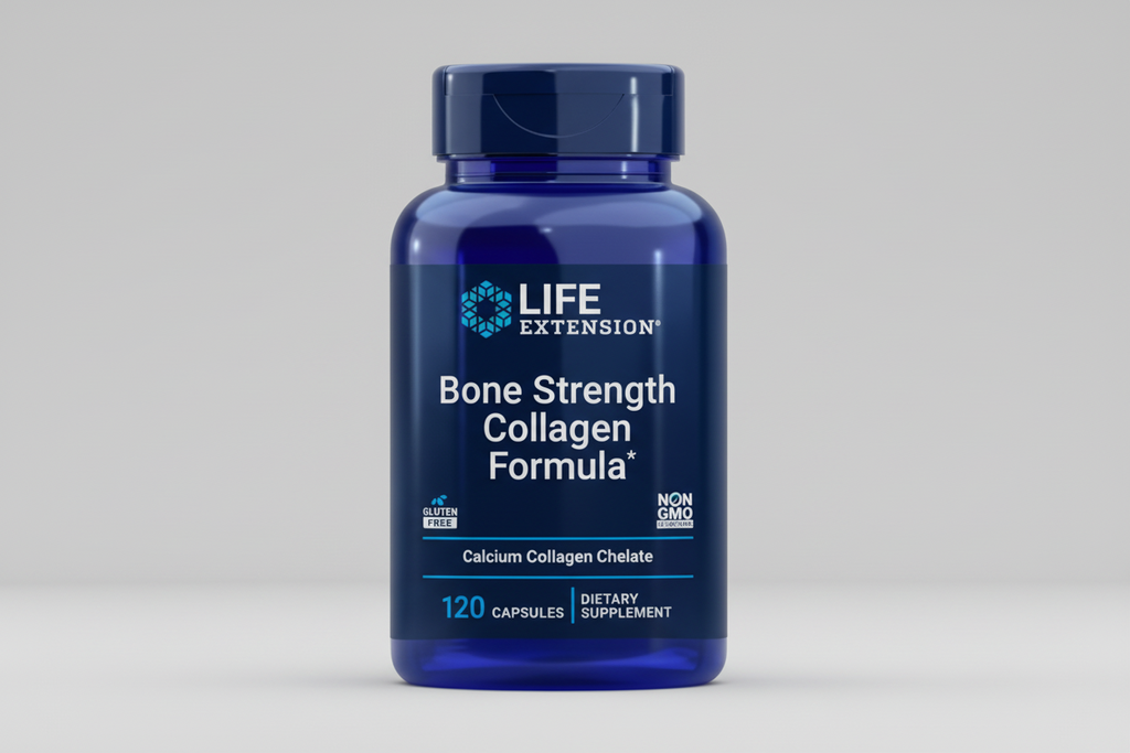 Blue supplement bottle labeled 'Life Extension Bone Strength Collagen Formula' on a white background
