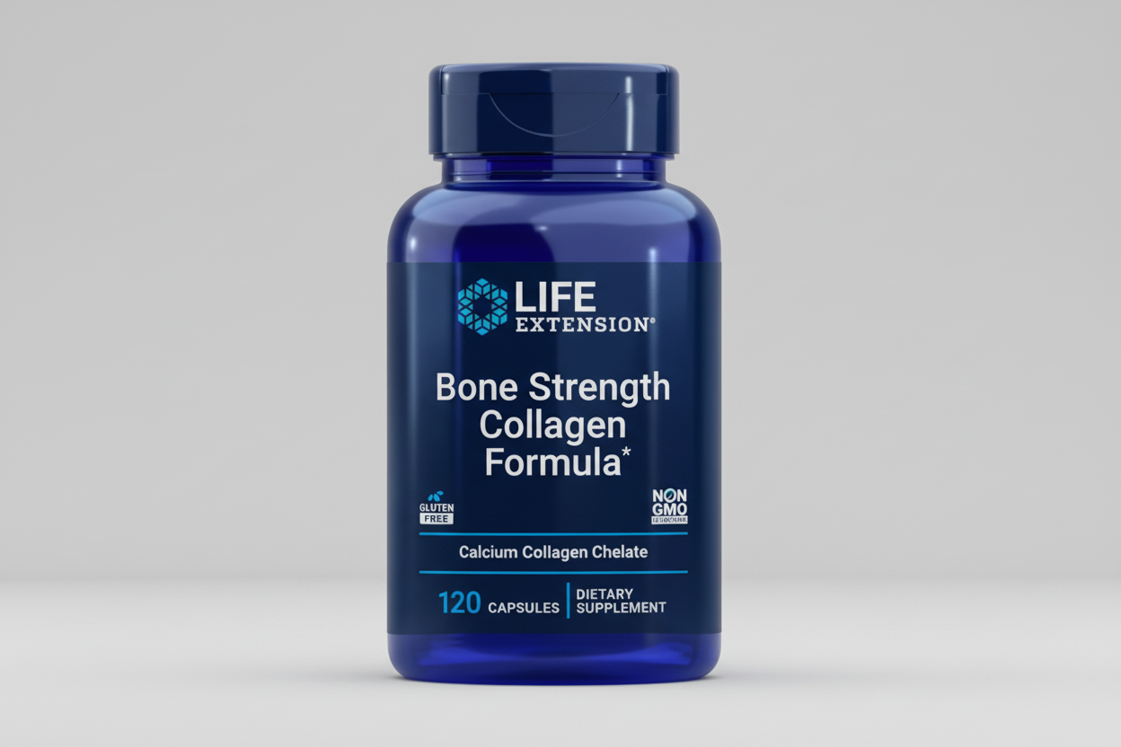 Blue supplement bottle labeled 'Life Extension Bone Strength Collagen Formula' on a white background