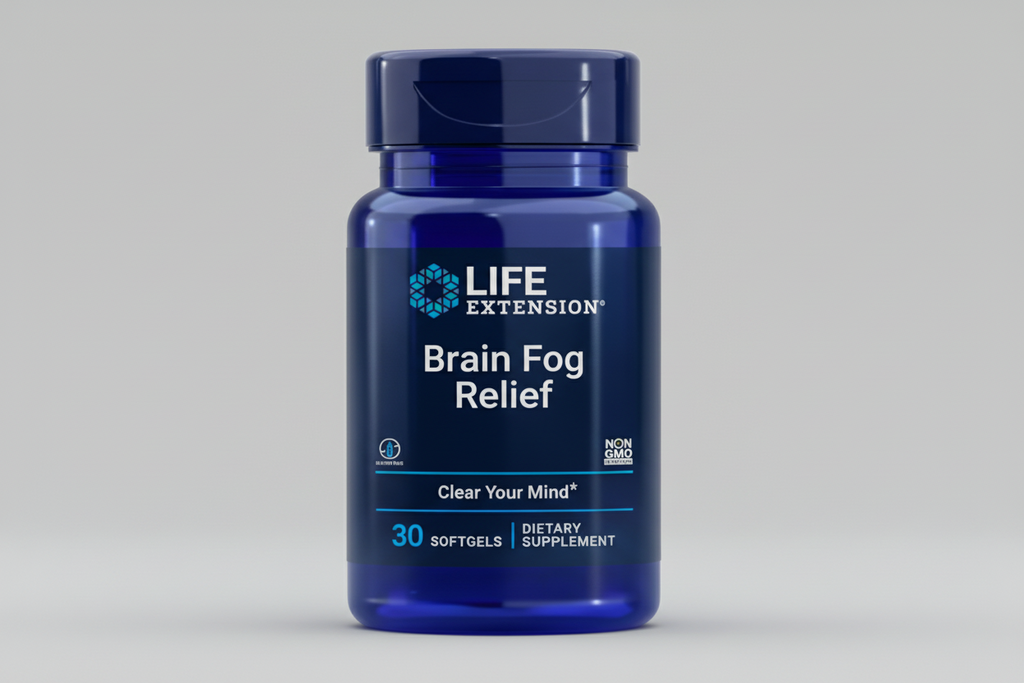Blue supplement bottle labeled 'Brain Fog Relief' by Life Extension on a blue background
