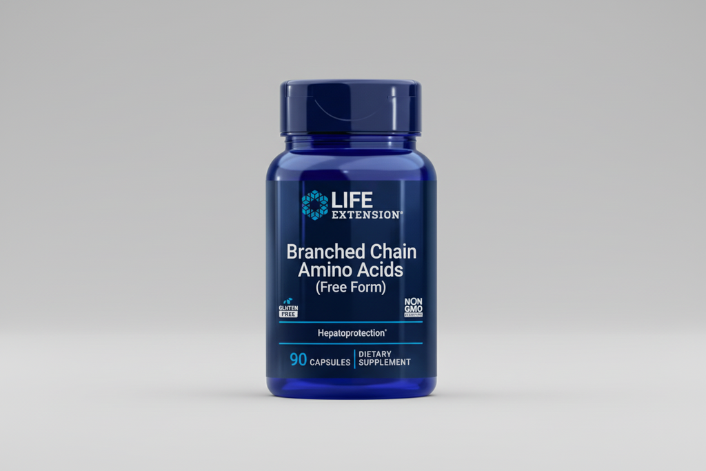 Life Extension Branched Chain Amino Acids supplement bottle on a white background