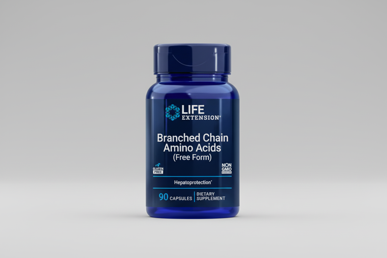 Life Extension Branched Chain Amino Acids supplement bottle on a white background