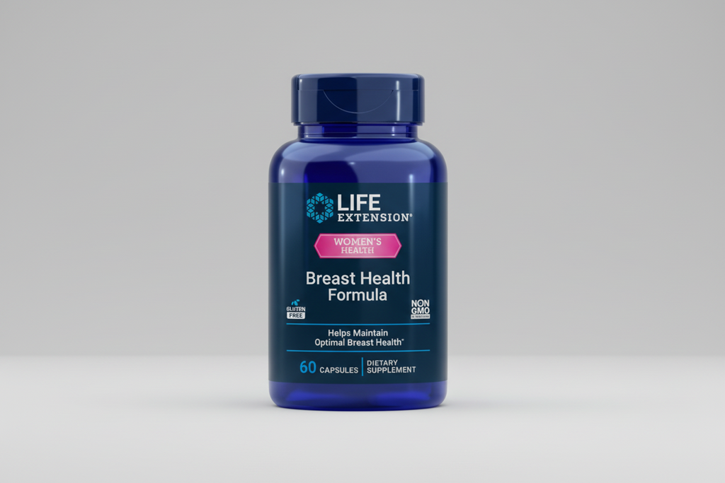 Blue supplement bottle labeled 'Life Extension Women's Health Breast Health Formula' on a white background