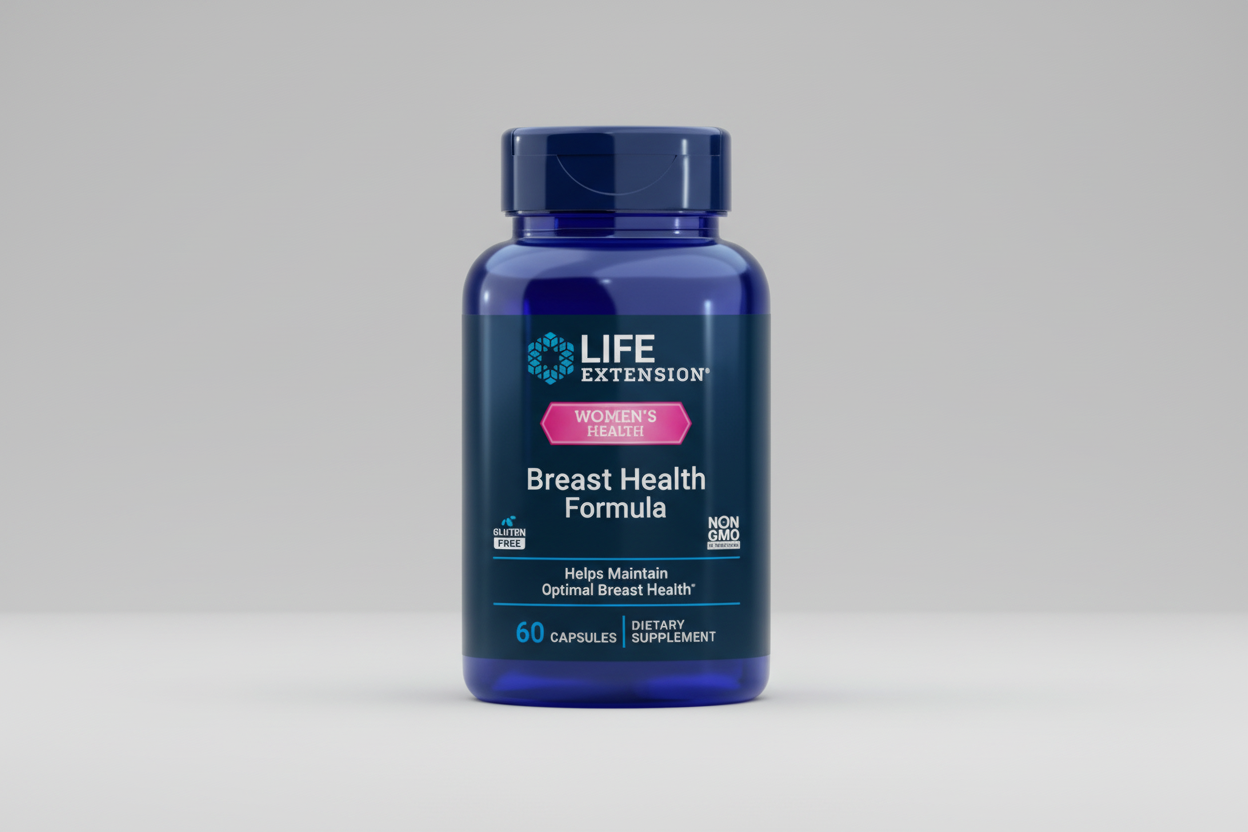 Blue supplement bottle labeled 'Life Extension Women's Health Breast Health Formula' on a white background