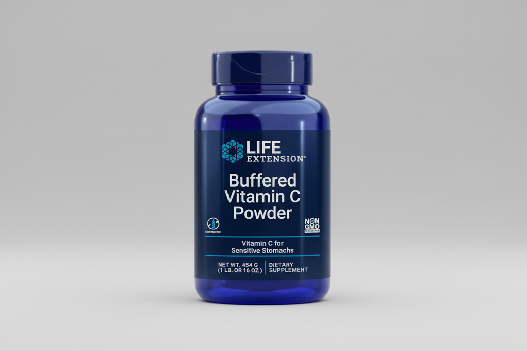 Life Extension Buffered Vitamin C Powder bottle on a white background