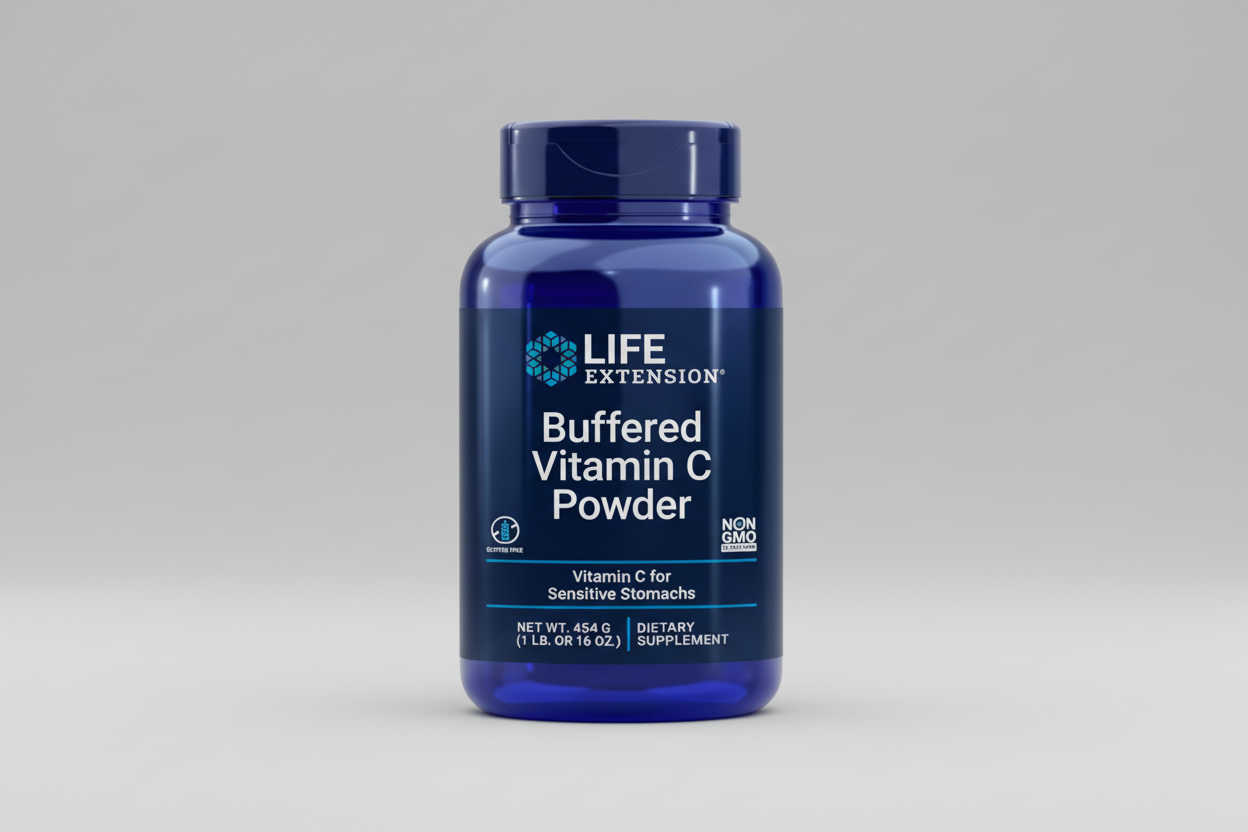 Life Extension Buffered Vitamin C Powder bottle on a white background
