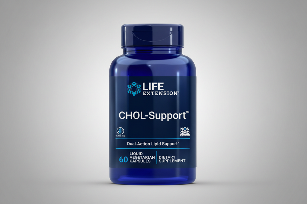 Life Extension CHOL-Support dietary supplement bottle on a white background