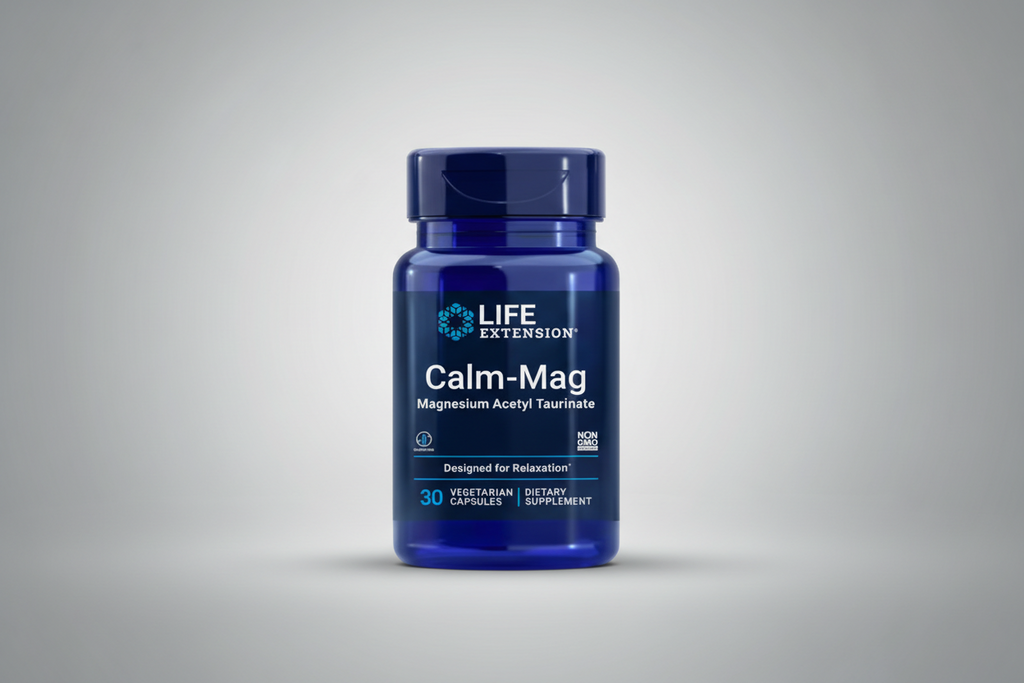 Life Extension Calm-Mag supplement bottle on a white background