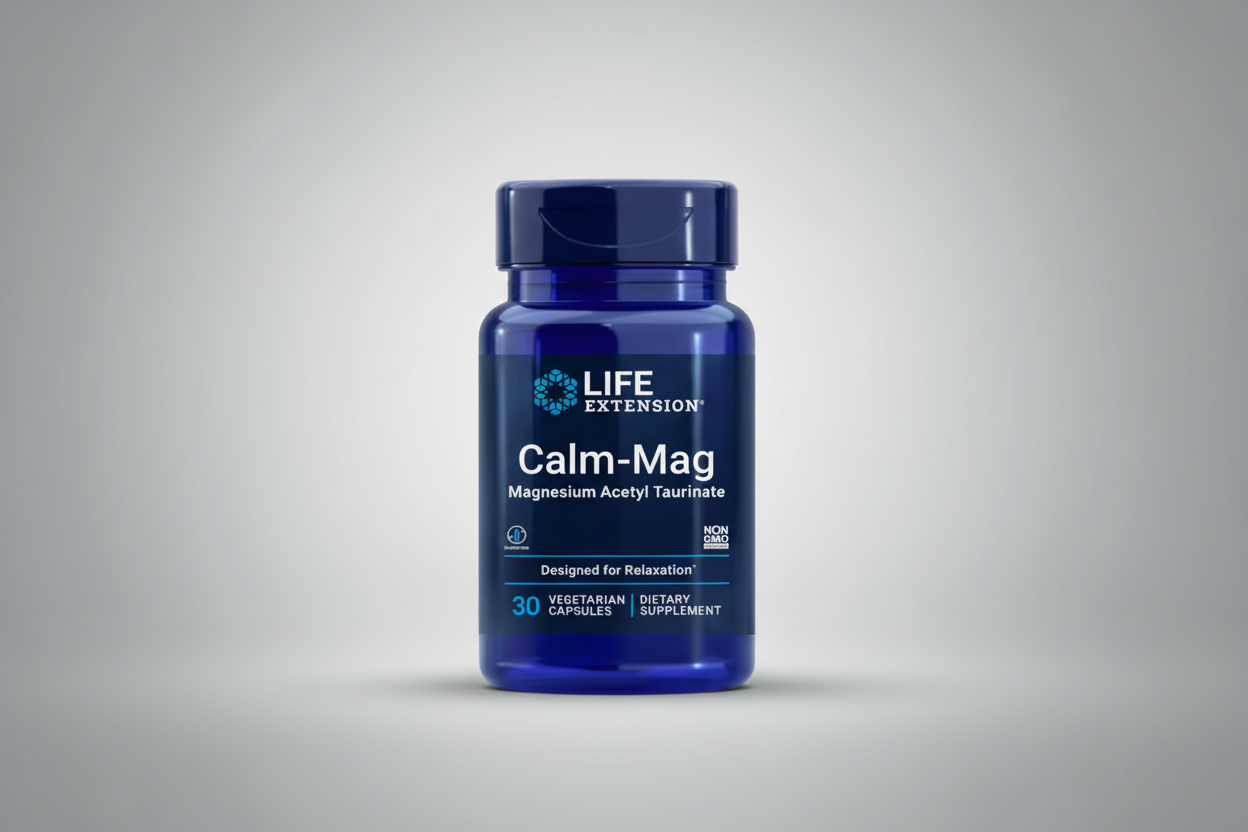 Life Extension Calm-Mag supplement bottle on a white background