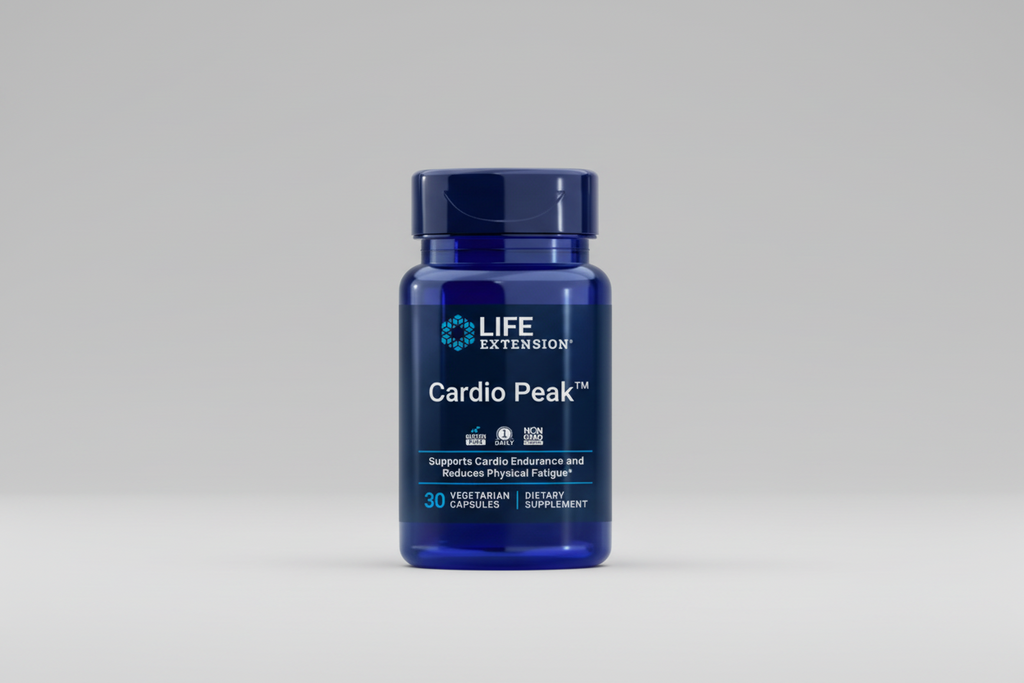 Blue supplement bottle labeled 'Cardio Peak' by Life Extension on a black background