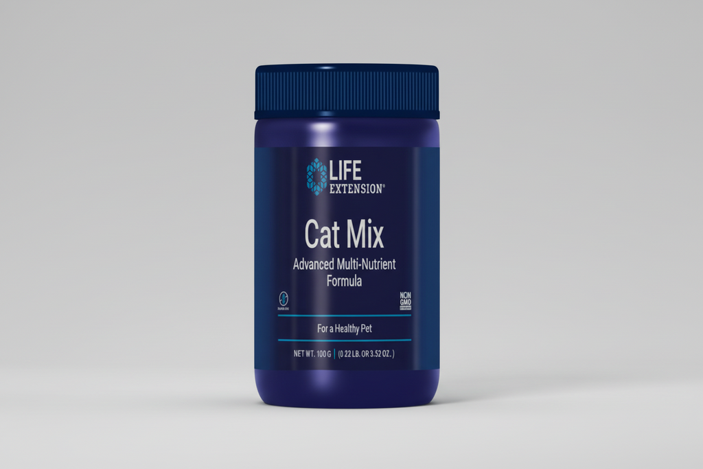 Blue bottle of Life Extension Cat Mix Advanced Multi-Nutrient Formula on a white background